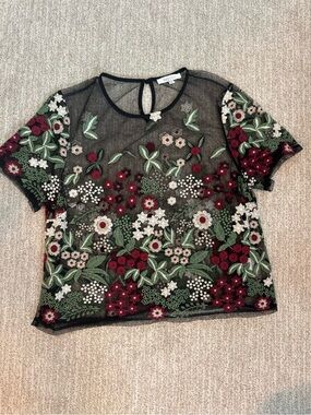 Lucy Paris Black Sheer Floral Embroidered Top